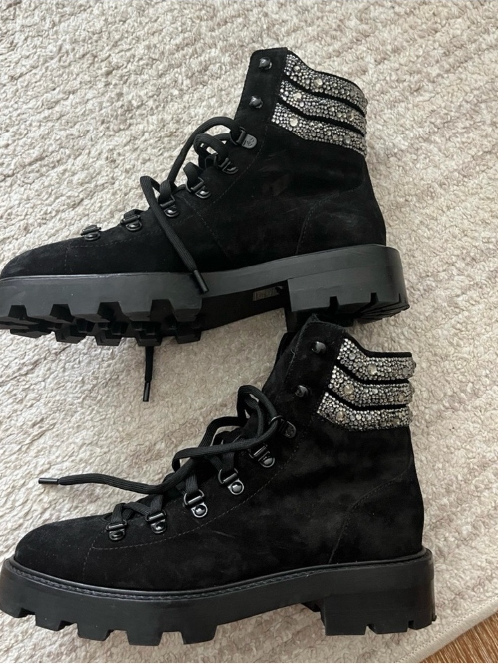 Jimmy Choo Black Suede Lace-Up Ankle Boots with Crystal Embellishment Size US9